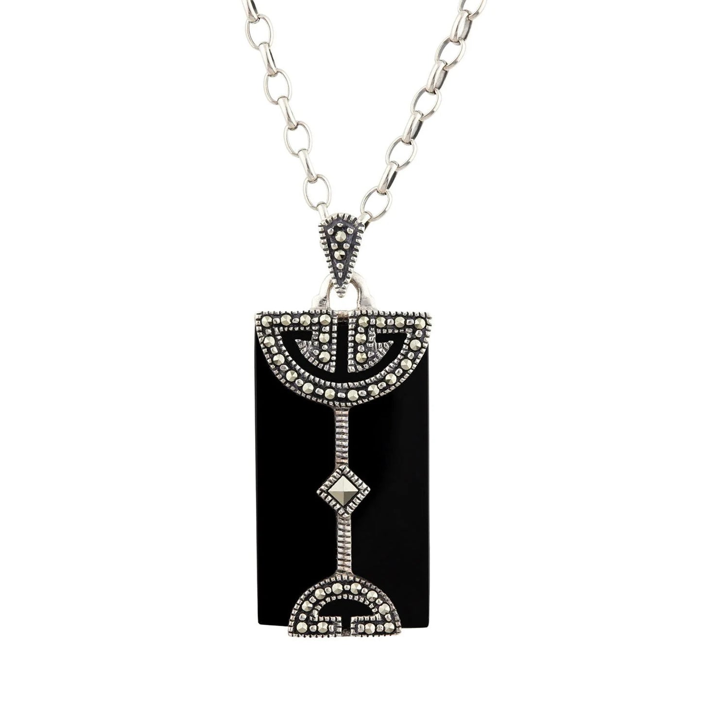 Art Deco Pendant in Black Onyx, Marcasite and Sterling Silver
