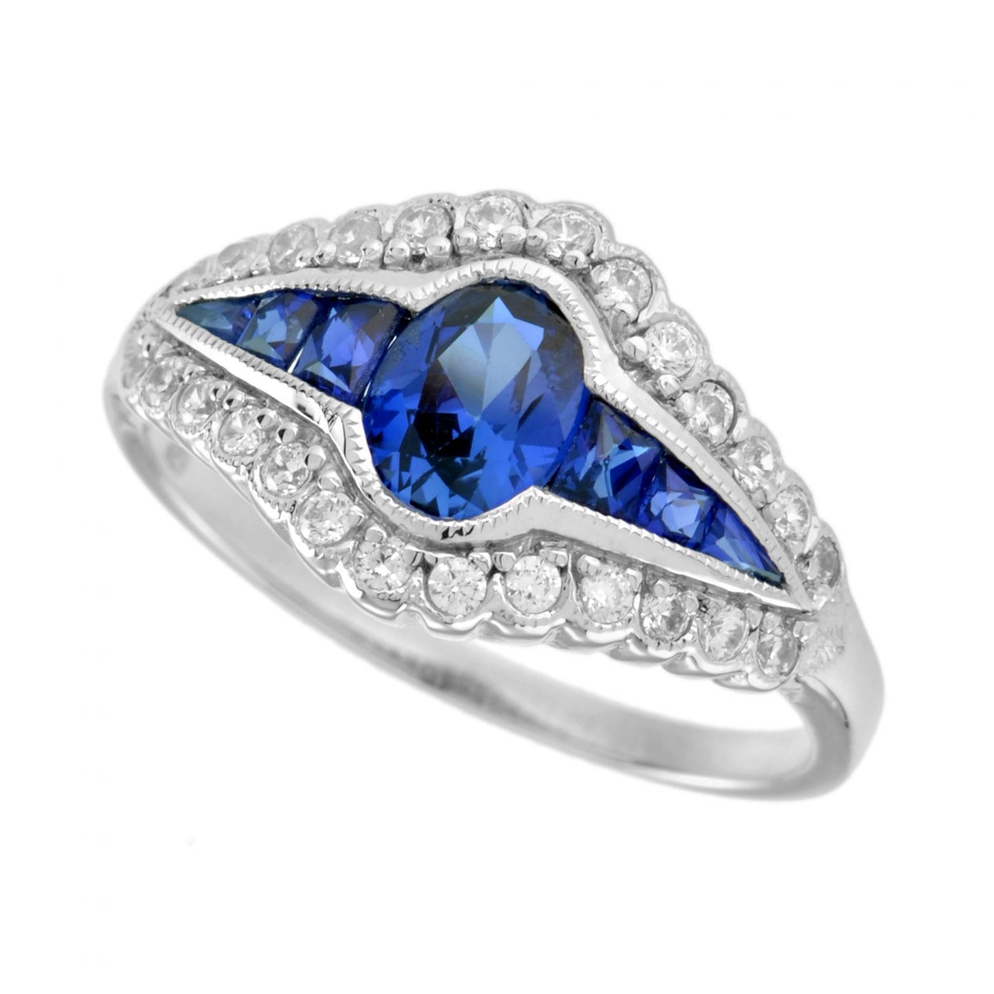 Blue sapphire with diamond halo engagement ring in White gold
