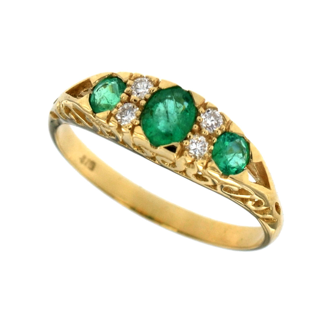 Victorian style trilogy ring in solid yellow gold, emerald and diamond