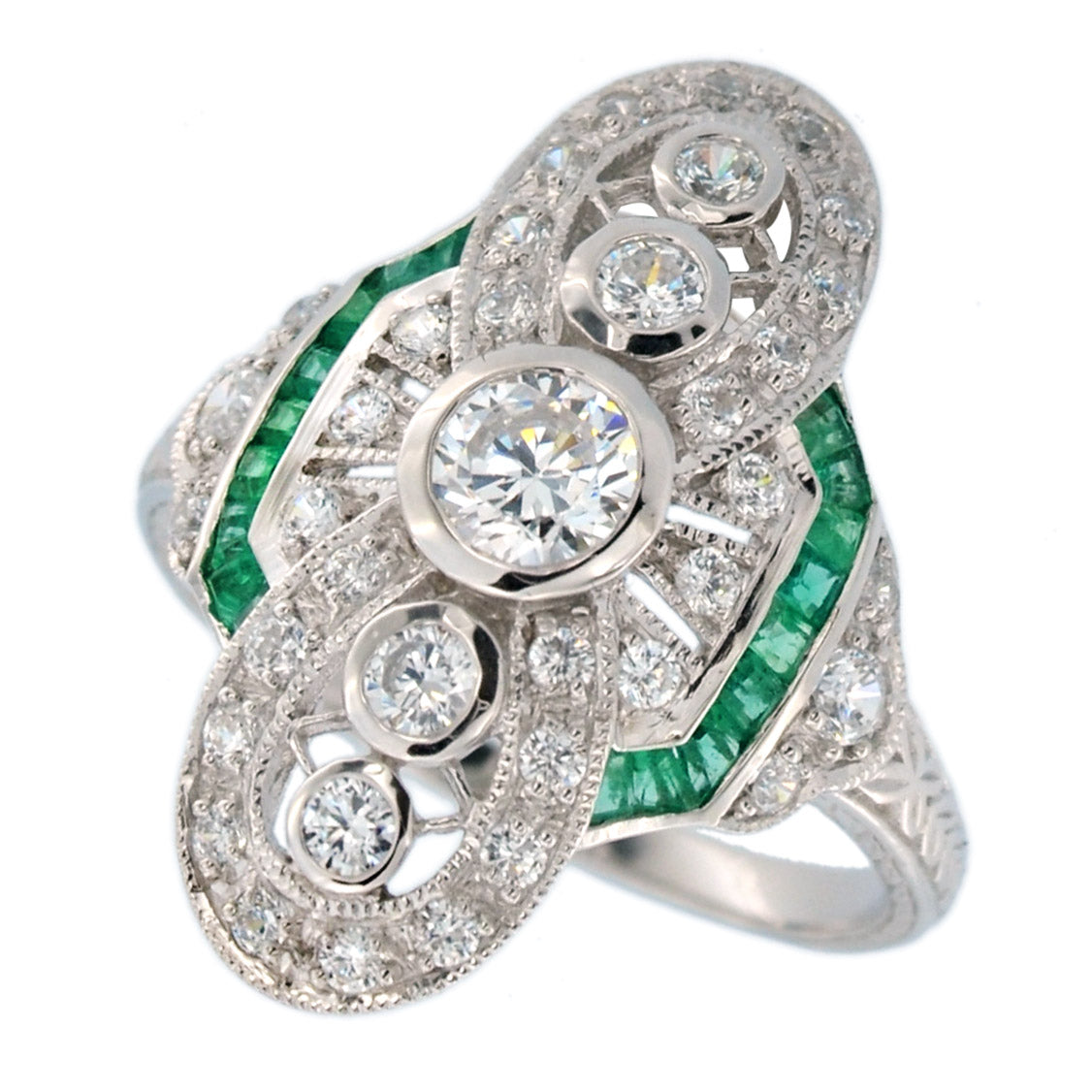 Art deco cocktail ring with cubic zirconia and Laboratory grown Emerald in sterling silver