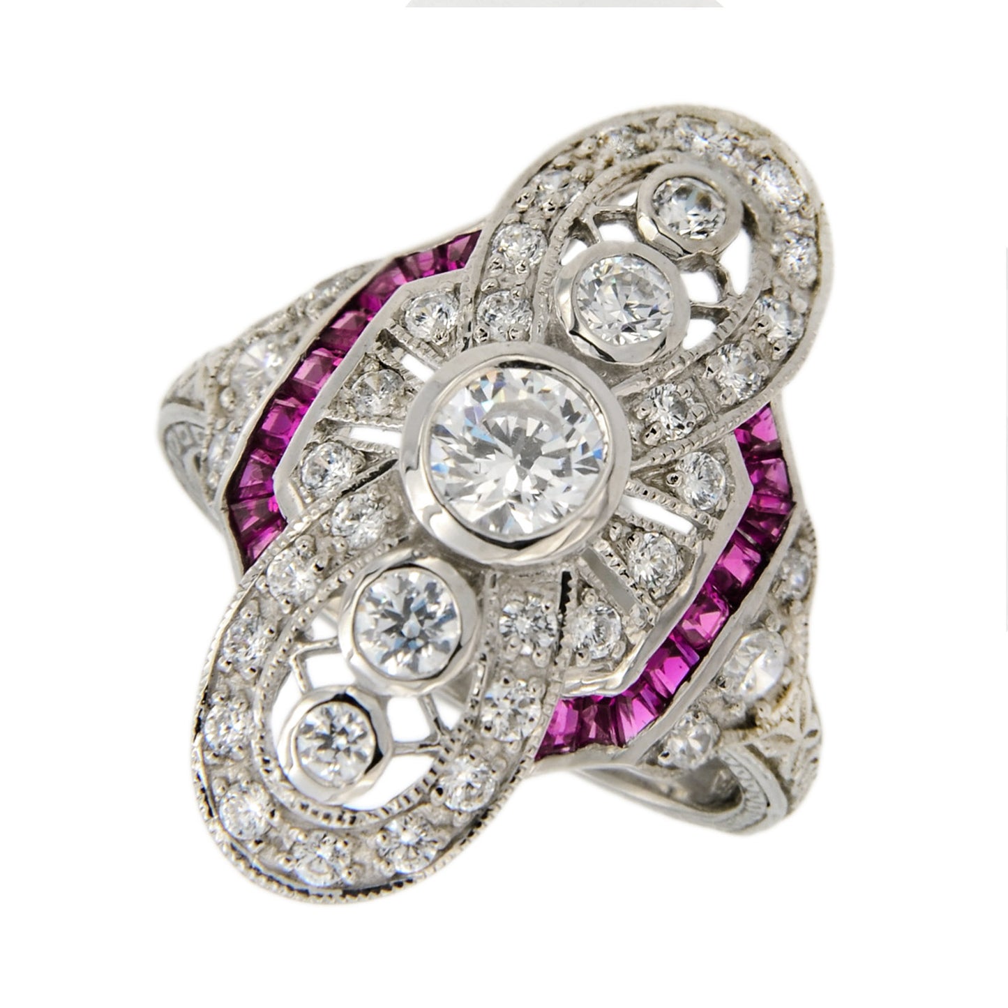 Art deco cocktail ring in cubic zirconia, laboratory-grown ruby and sterling silver