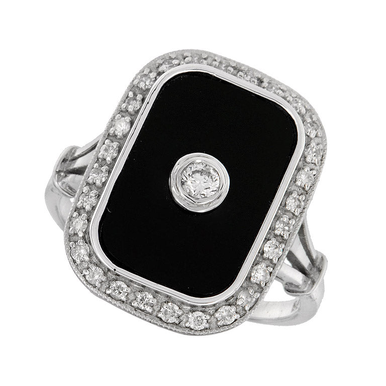 Art deco diamond and black onyx ring in solid white gold