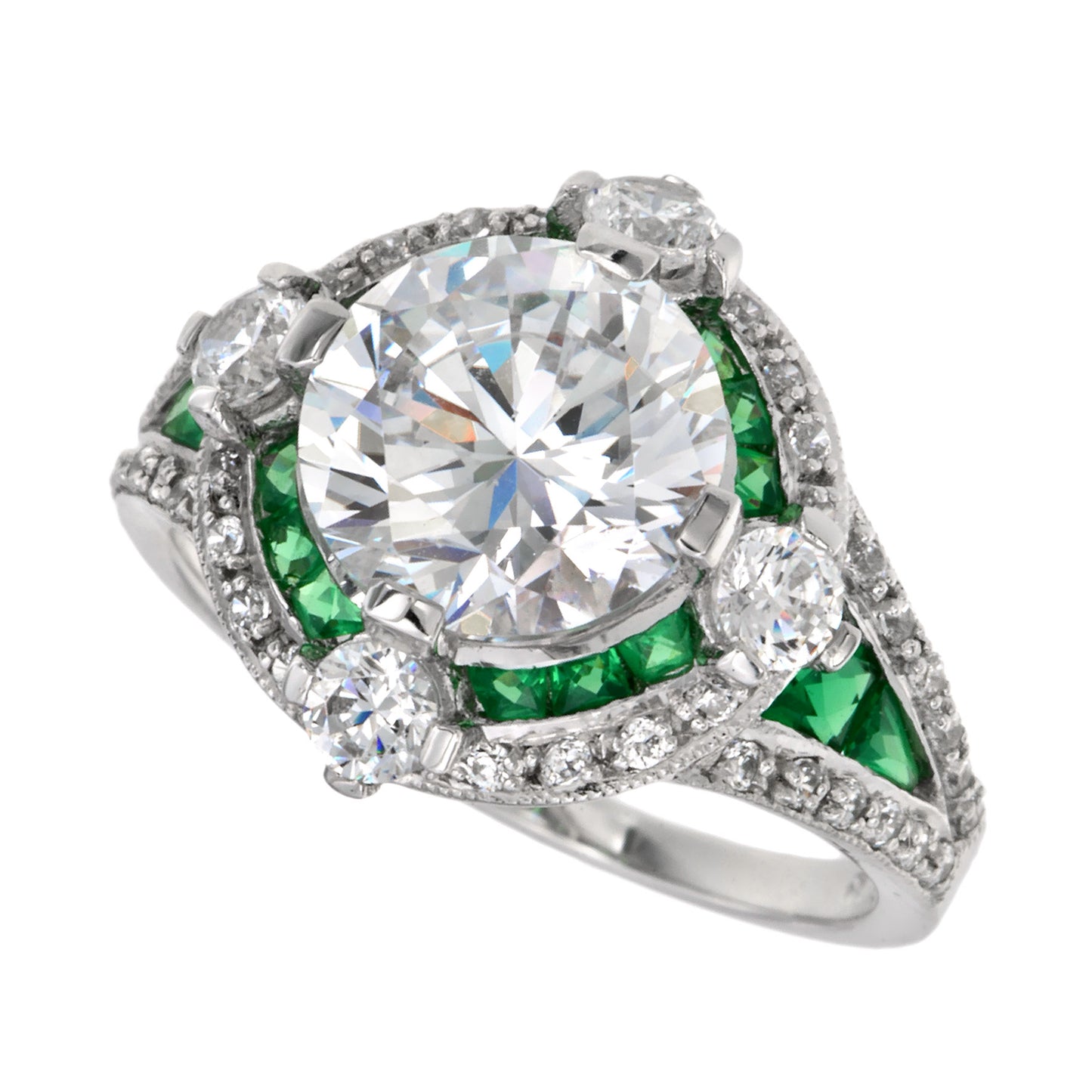 Laboratory grown diamond target ring with natural emerald and diamond in white gold