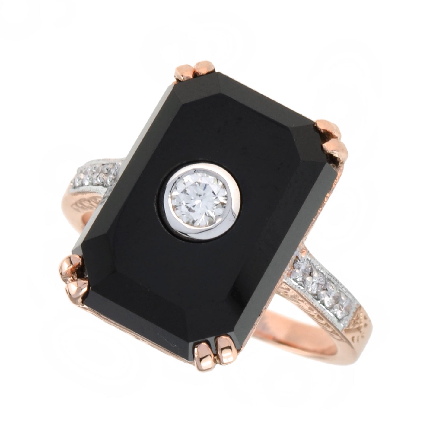 central diamond with onyx cocktail ring in 9k rose gold