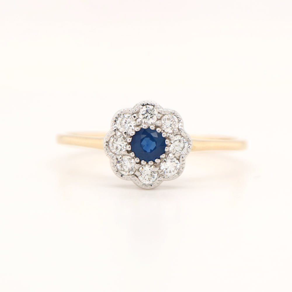 Dainty daisy ring with natural sapphire and diamond in 9k twin gold