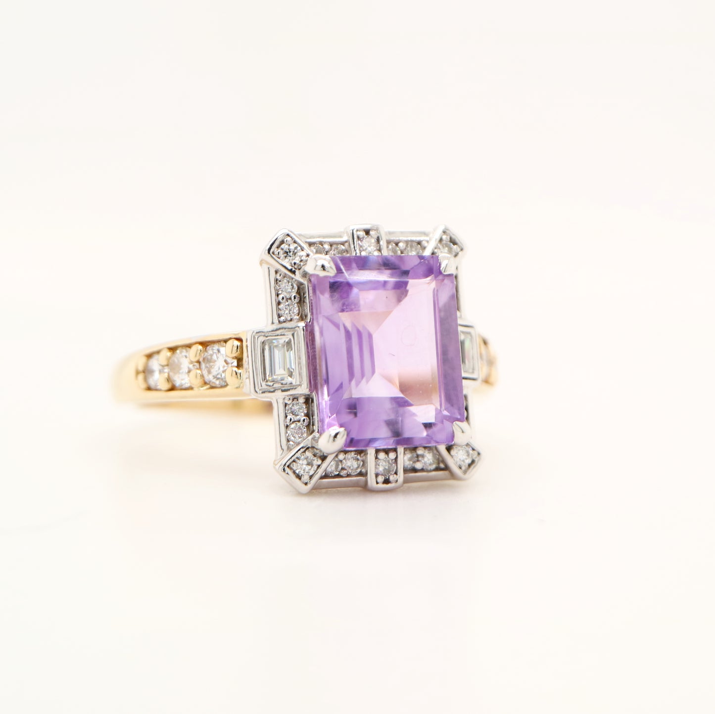 Bi-color gold cocktail ring with amethys and laboratory grown diamond