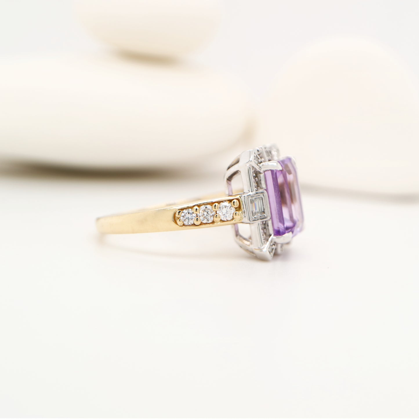 Bi-color gold cocktail ring with amethys and laboratory grown diamond