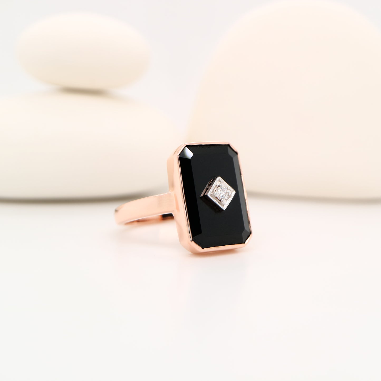 Art deco style ring in solid rose gold, onyx and natural diamond (larger face version)