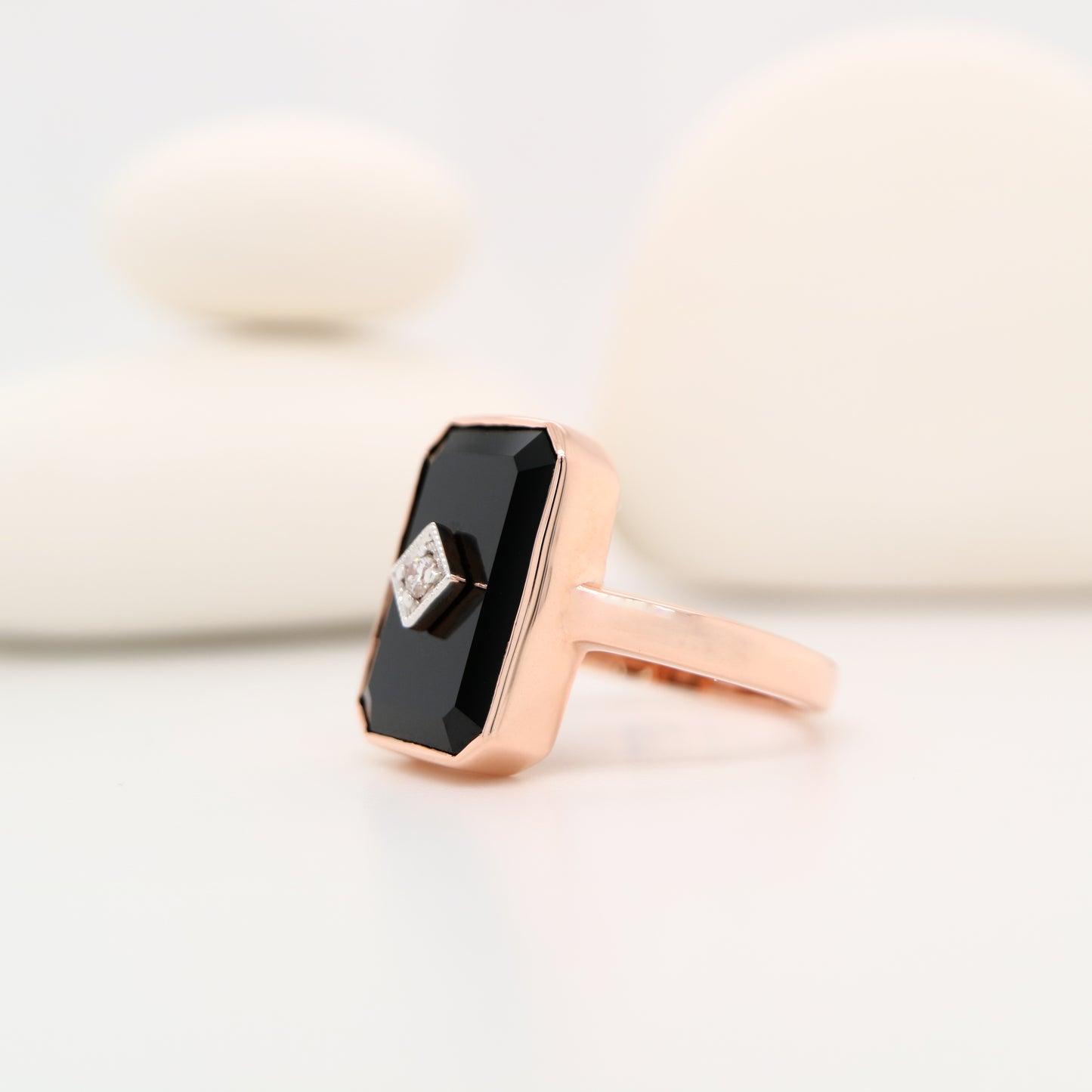 Art deco style ring in solid rose gold, onyx and natural diamond (larger face version)