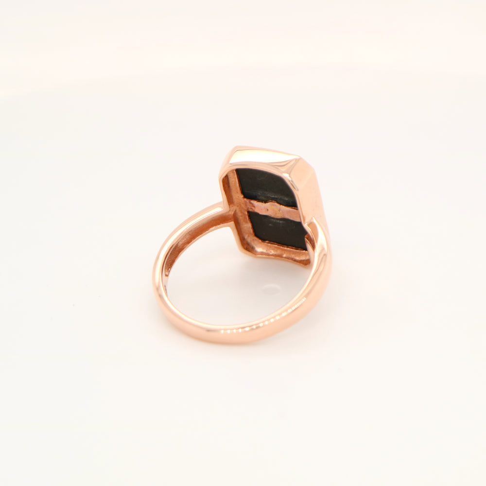 Art deco style ring in solid rose gold, onyx and natural diamond (larger face version)