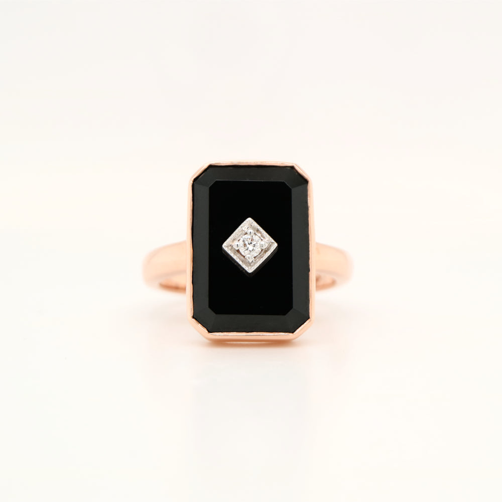 Art deco style ring in solid rose gold, onyx and natural diamond (larger face version)