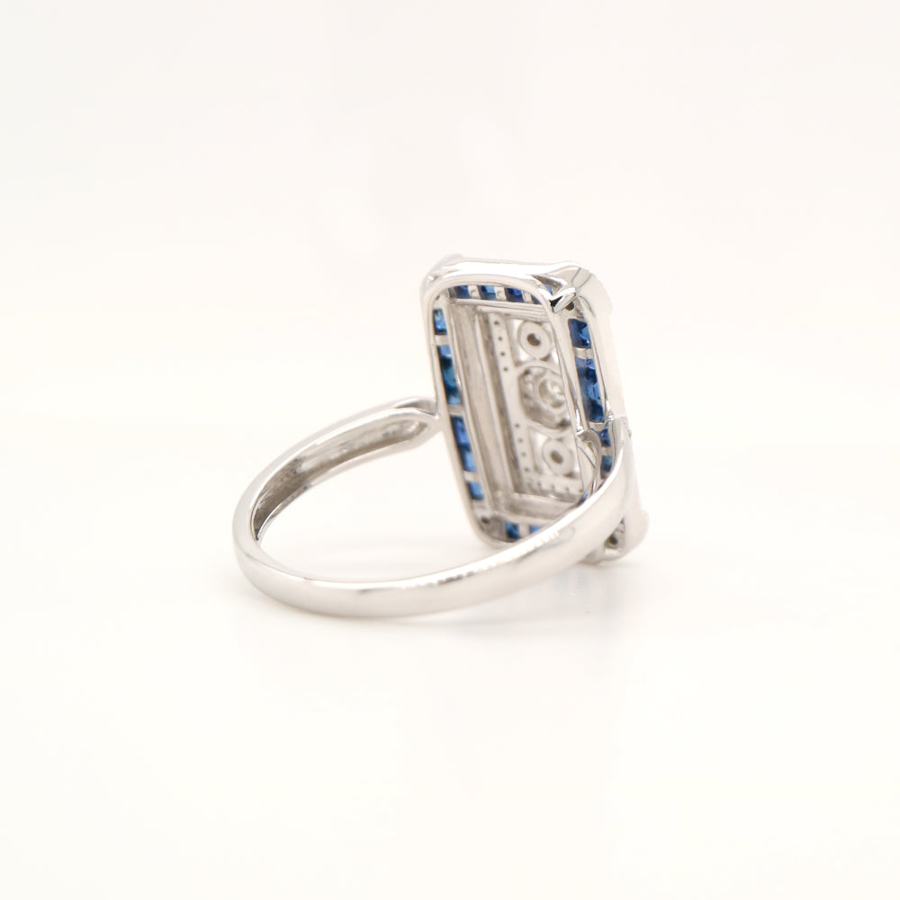 Art deco style channel set white gold ring - sapphire