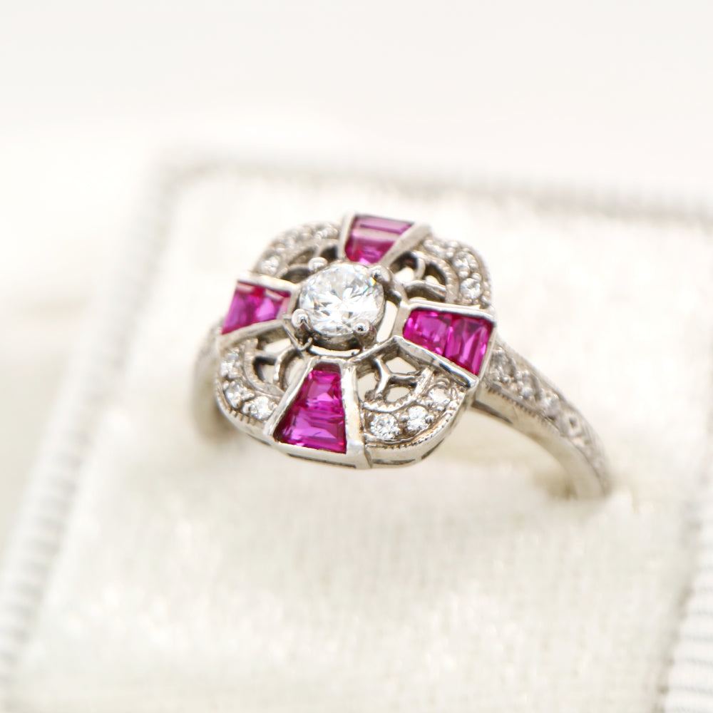 Art deco laboratory grown ruby cross ring in sterling silver and cz