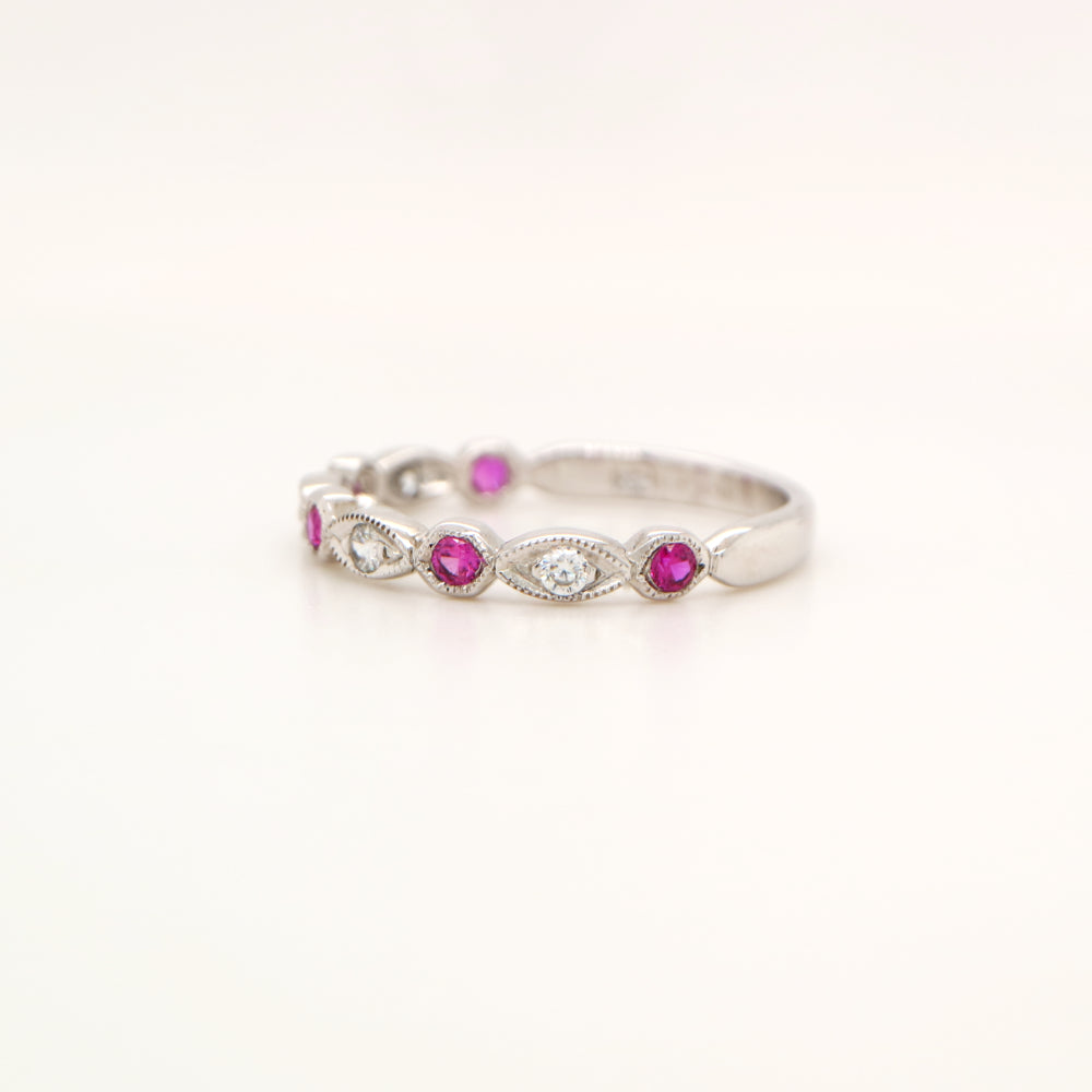 Art deco style half set band in solid white gold with rubies and diamonds