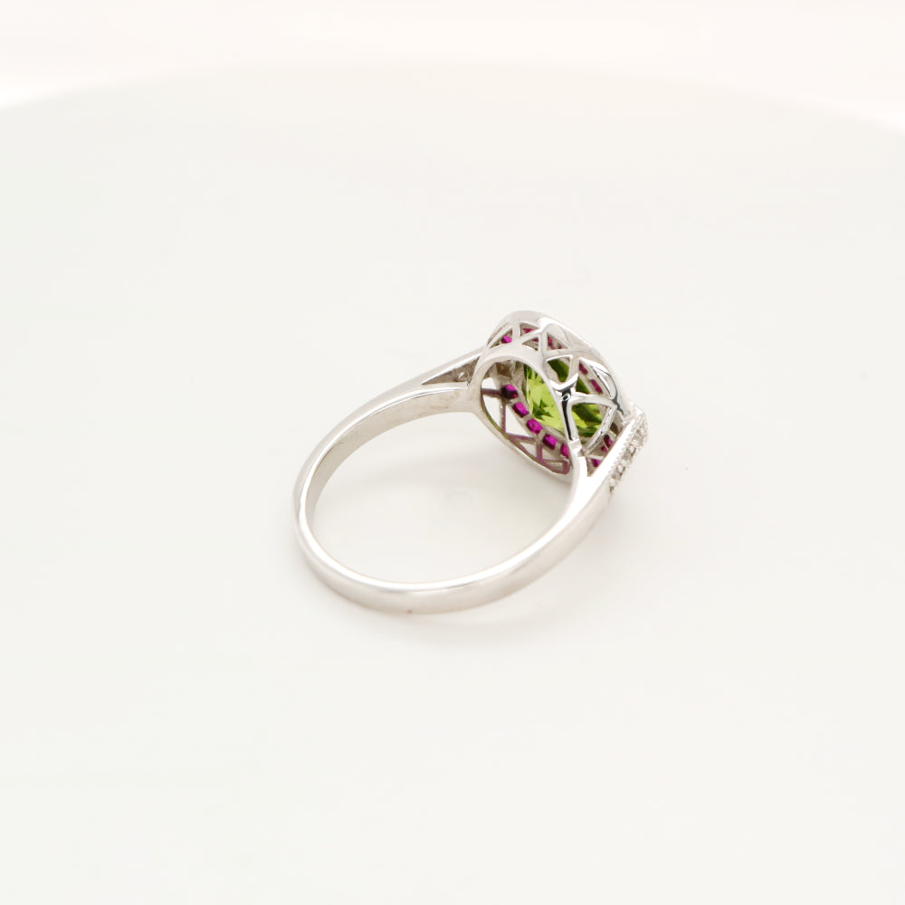 Peridot ruby diamond halo cocktail ring in white gold