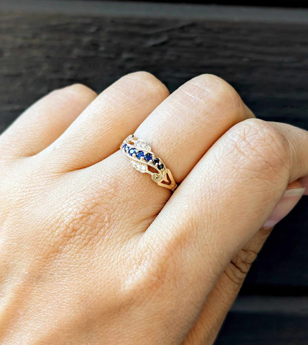 9ct yellow gold sapphire and diamond eternity ring