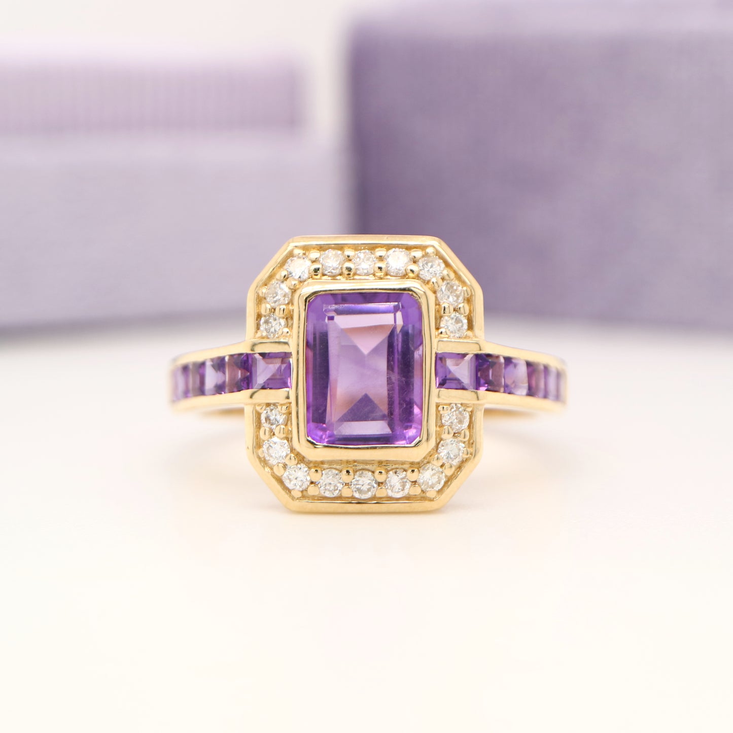 Vintage amethyst ring with diamond halo in yellow gold