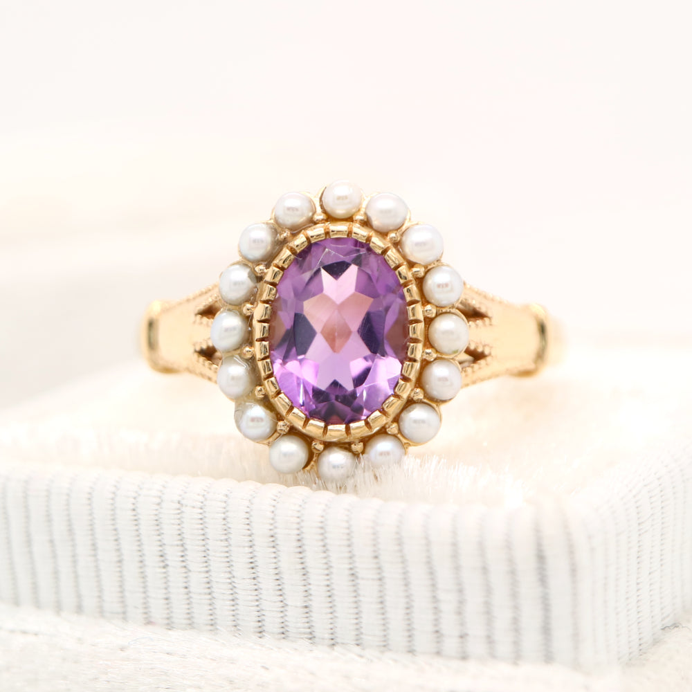 Rose-de-france amethyst with freshwater pearl halo in yellow gold