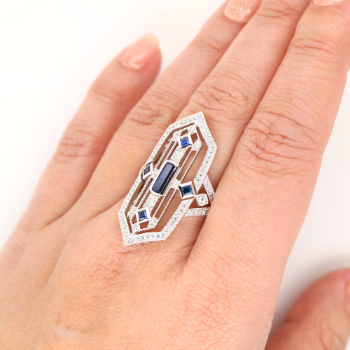 Art deco tower ring with sapphire and diamond in sterling silver