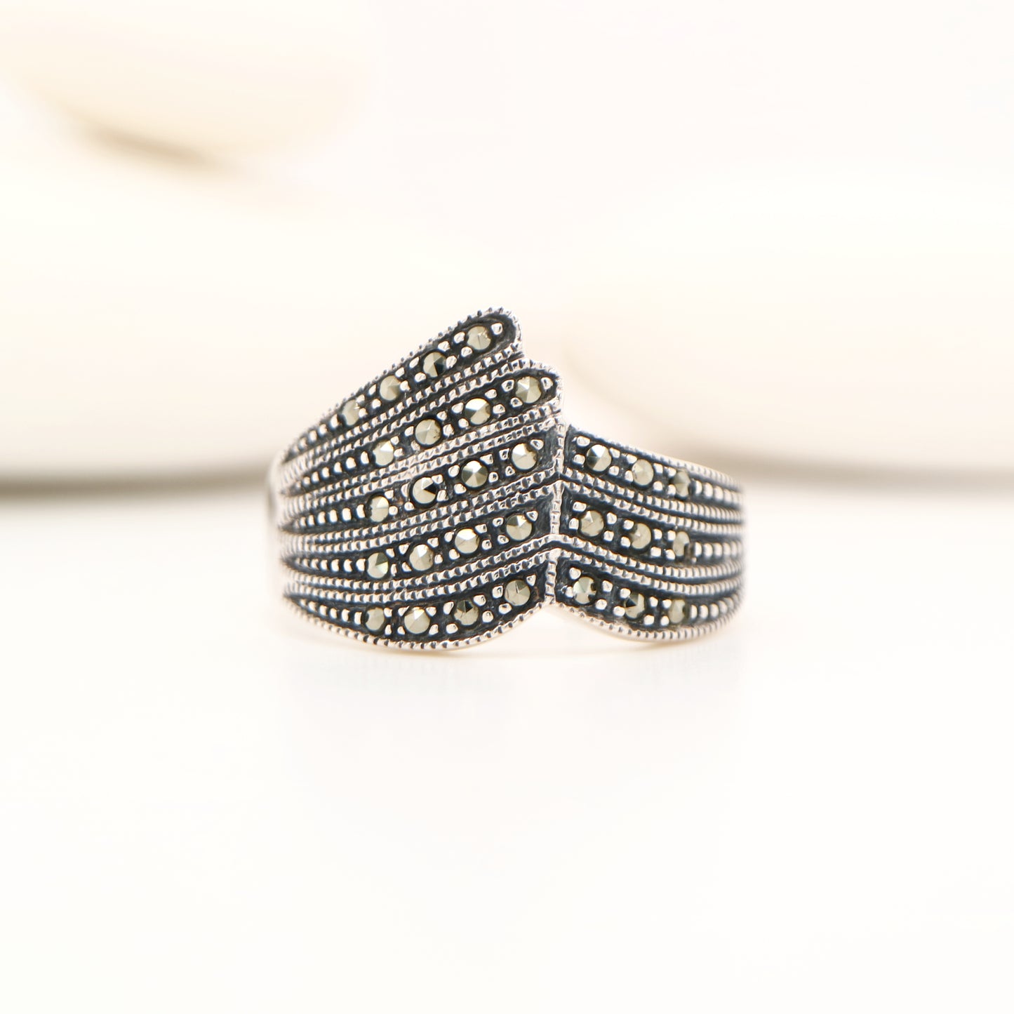 Marcasite and sterling silver banded ring