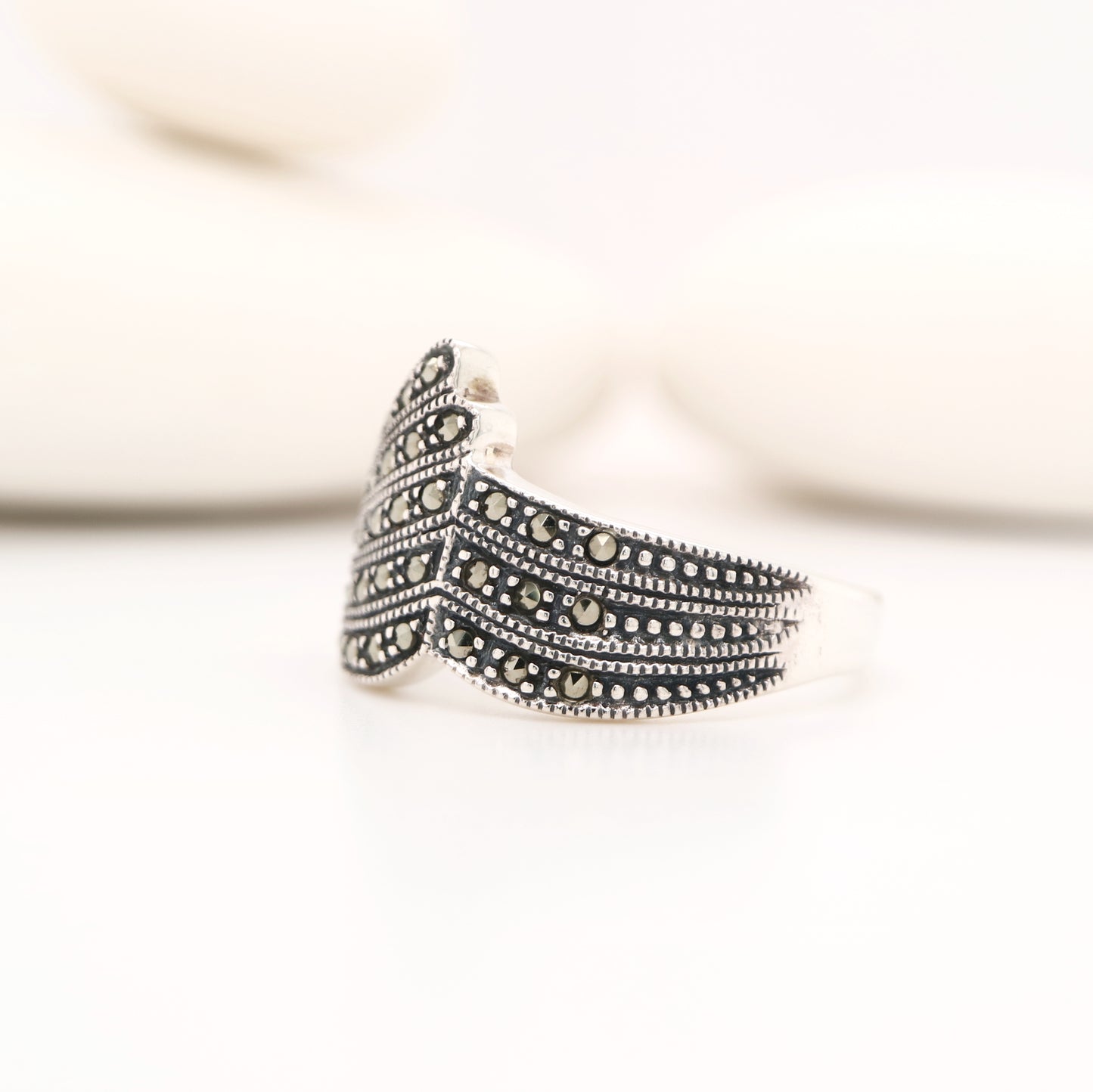 Marcasite and sterling silver banded ring