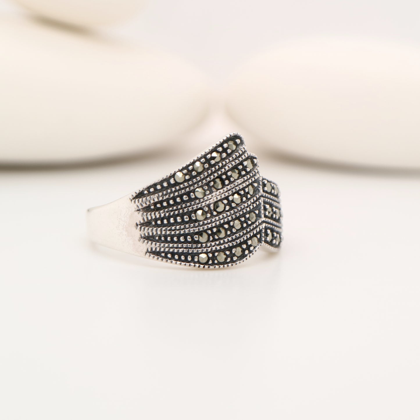 Marcasite and sterling silver banded ring