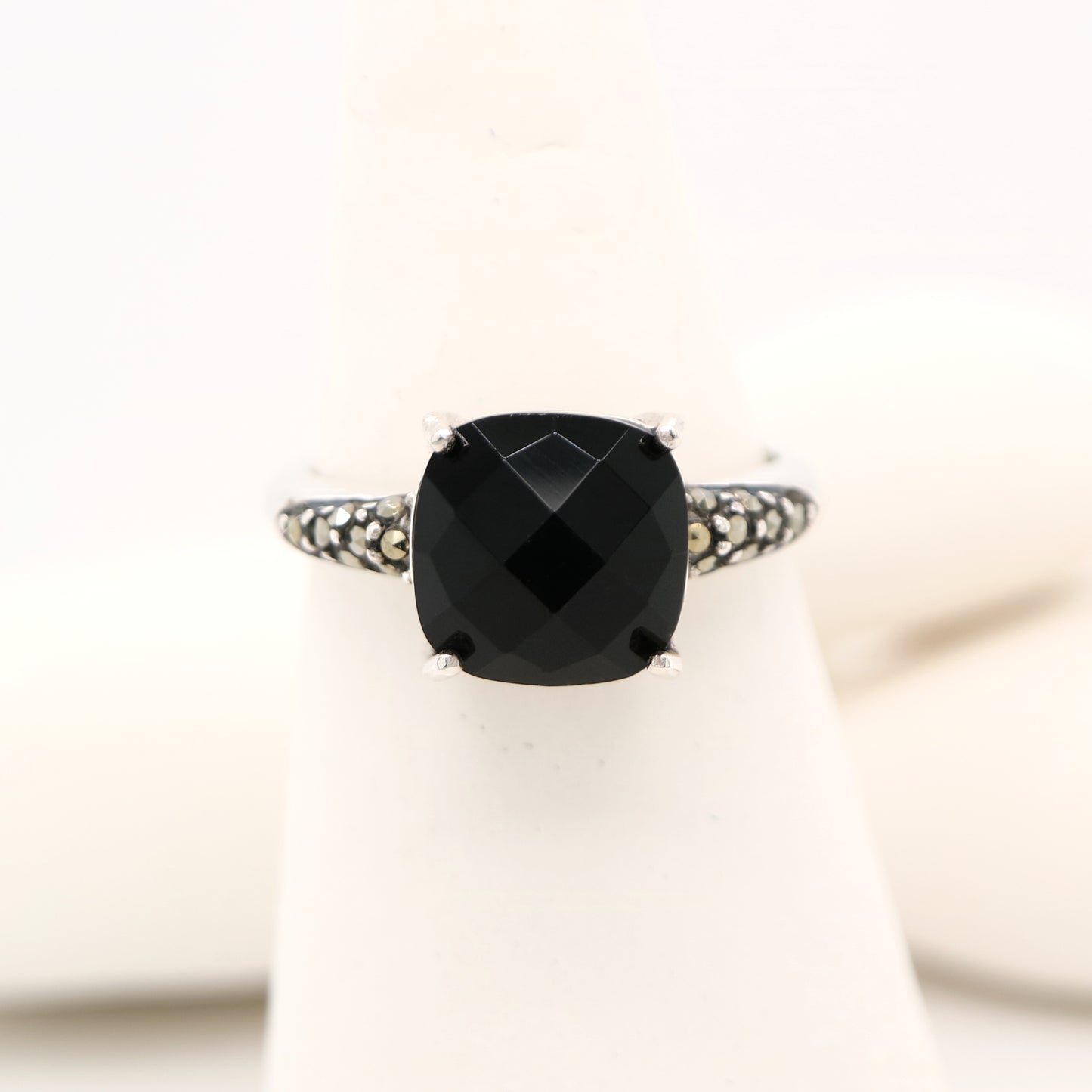 Checkerboard cut onyx, marcasite and sterling silver ring