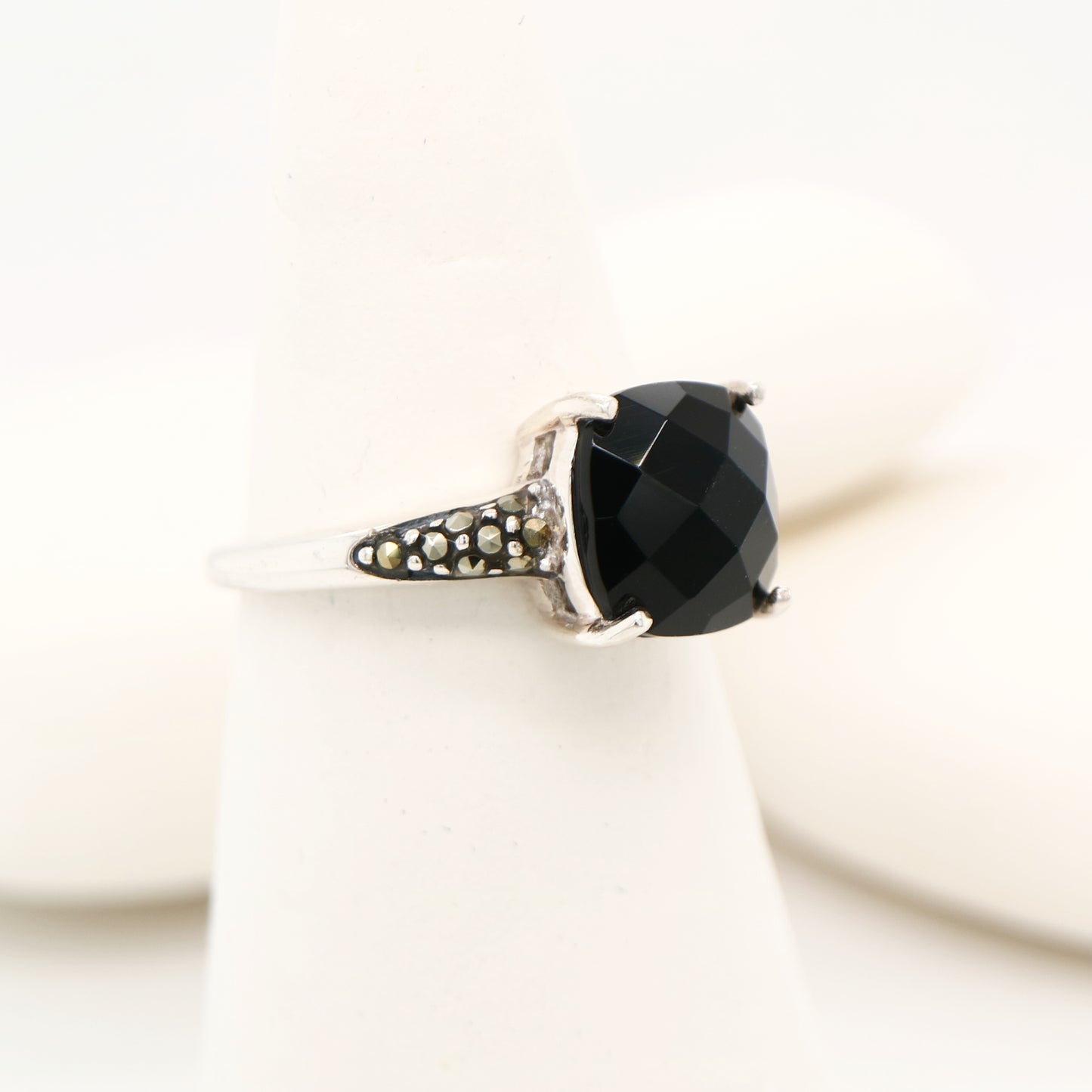 Checkerboard cut onyx, marcasite and sterling silver ring