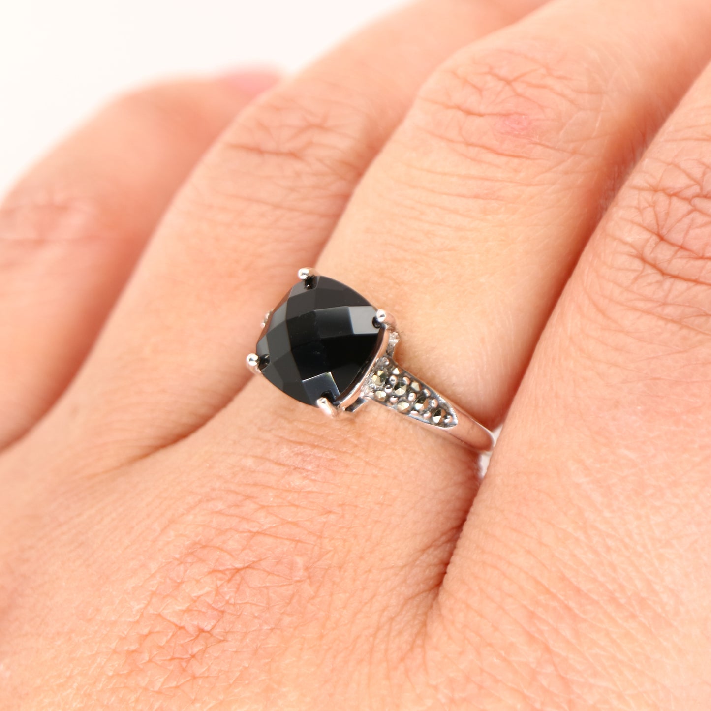 Checkerboard cut onyx, marcasite and sterling silver ring