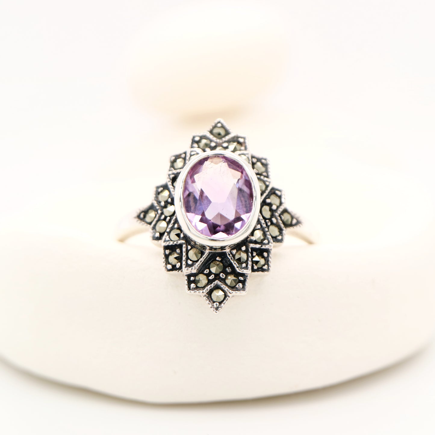 Marcasite burst ring with amethyst in sterling silver