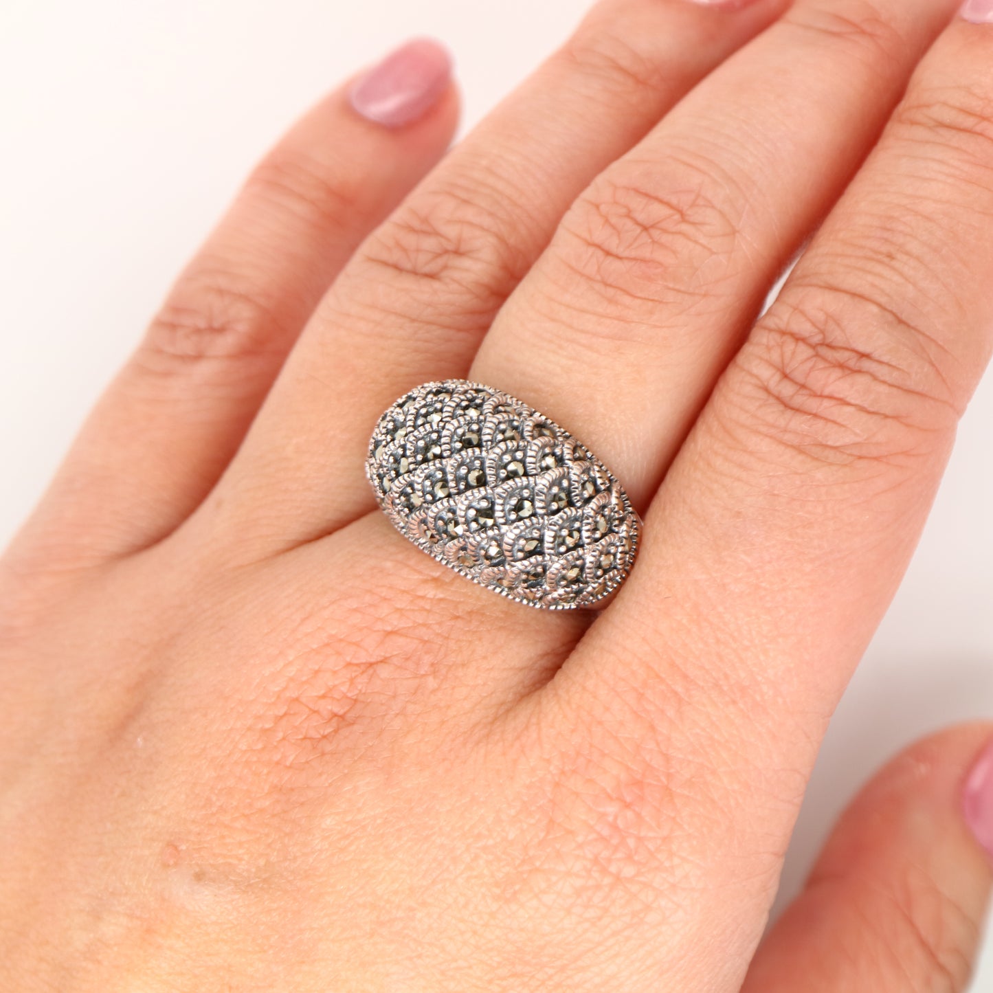 Scale pattern marcasite ring in sterling silver