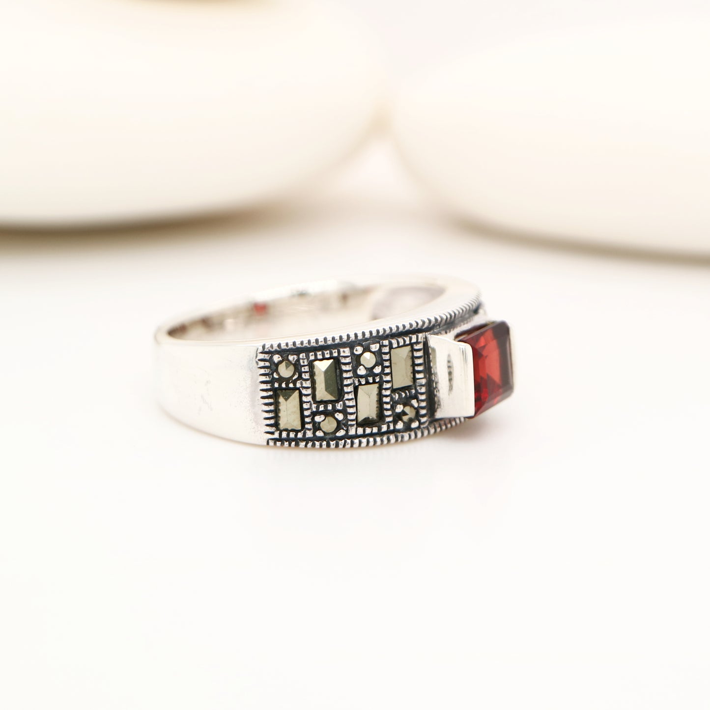Marcasite band with garnet in sterling silver
