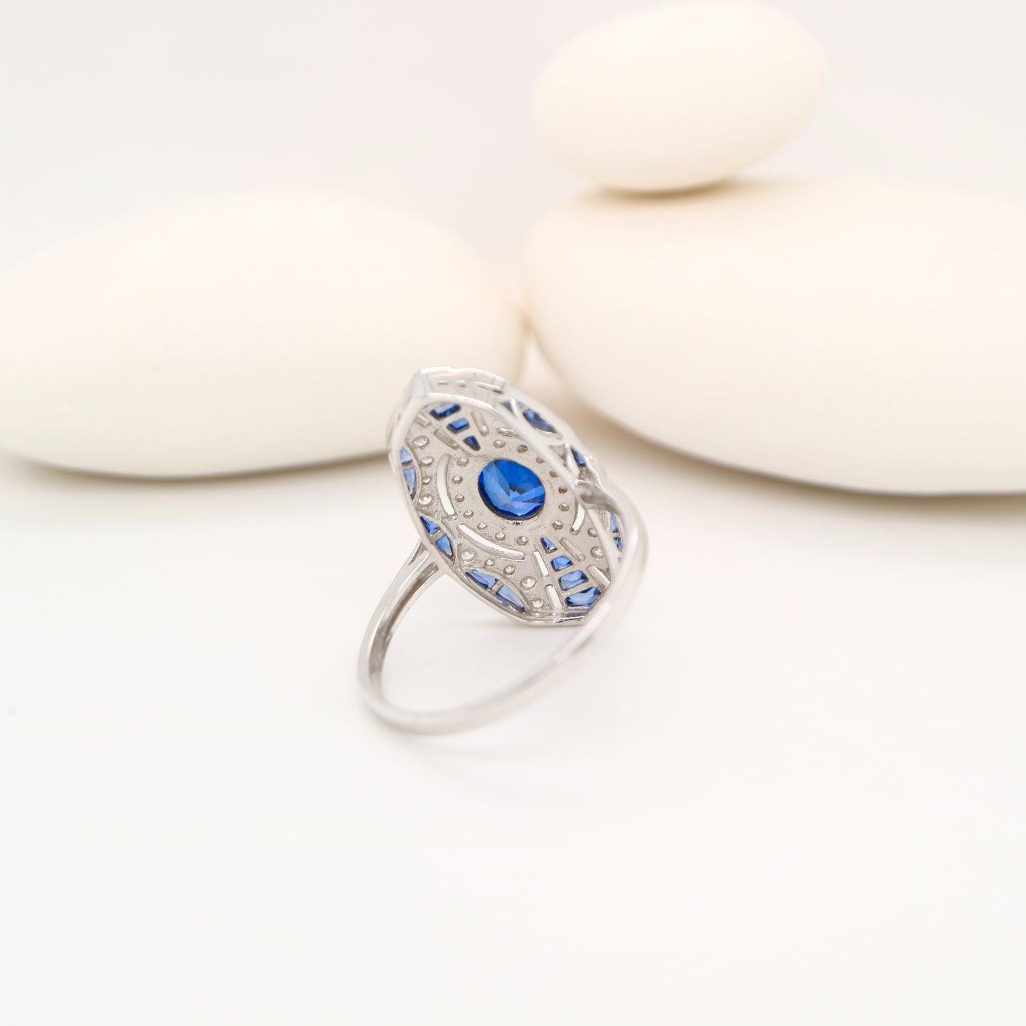 Sterling silver shield ring with Verneuil sapphire and CZ
