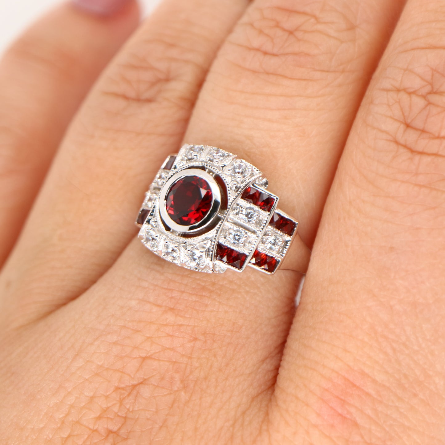 Art deco cocktail ring with garnet and cz in sterling silver