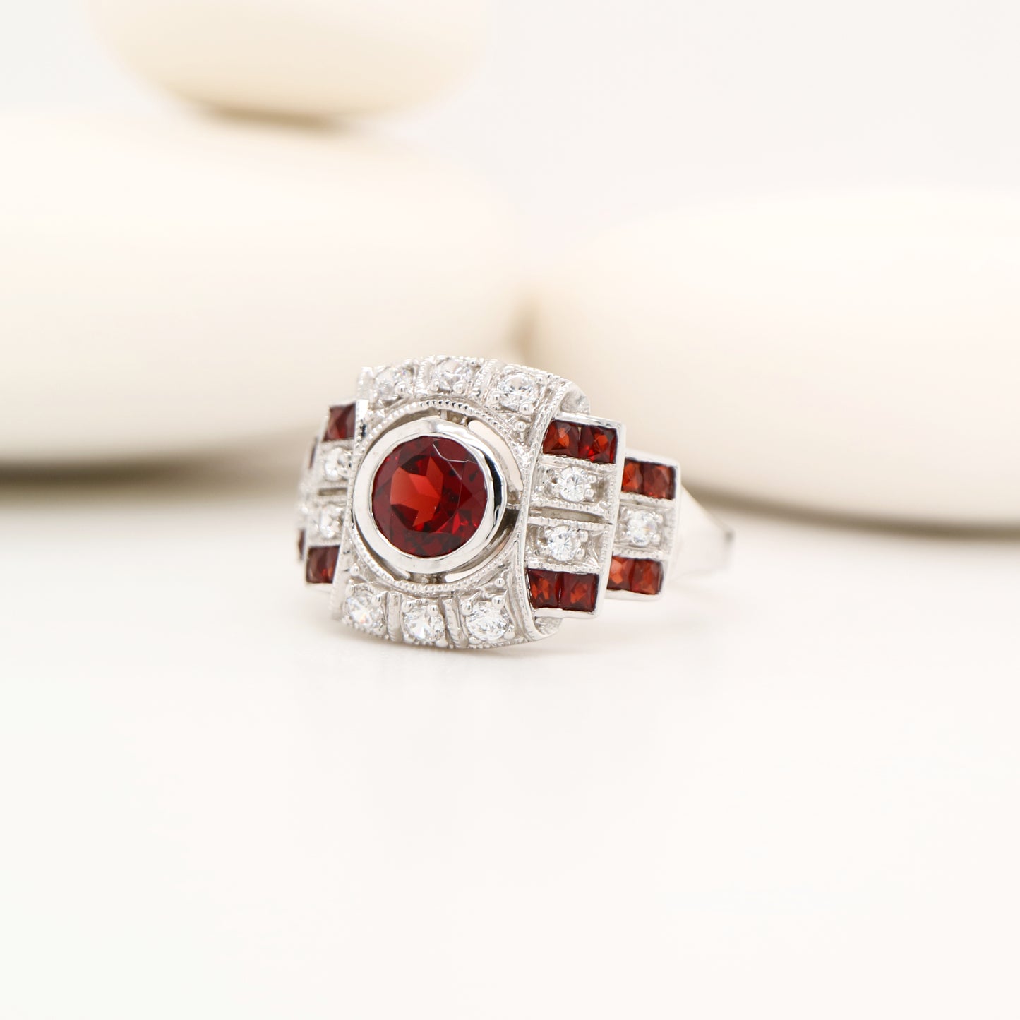 Art deco cocktail ring with garnet and cz in sterling silver