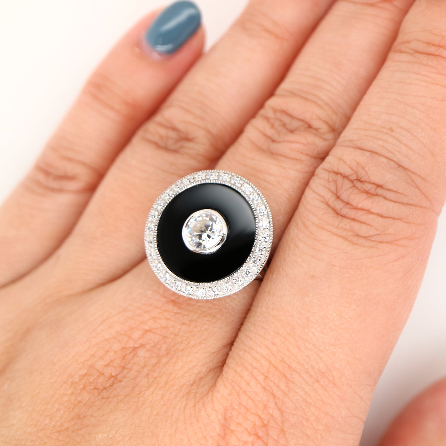 Art deco ring in cubic zirconia, black onyx and sterling silver