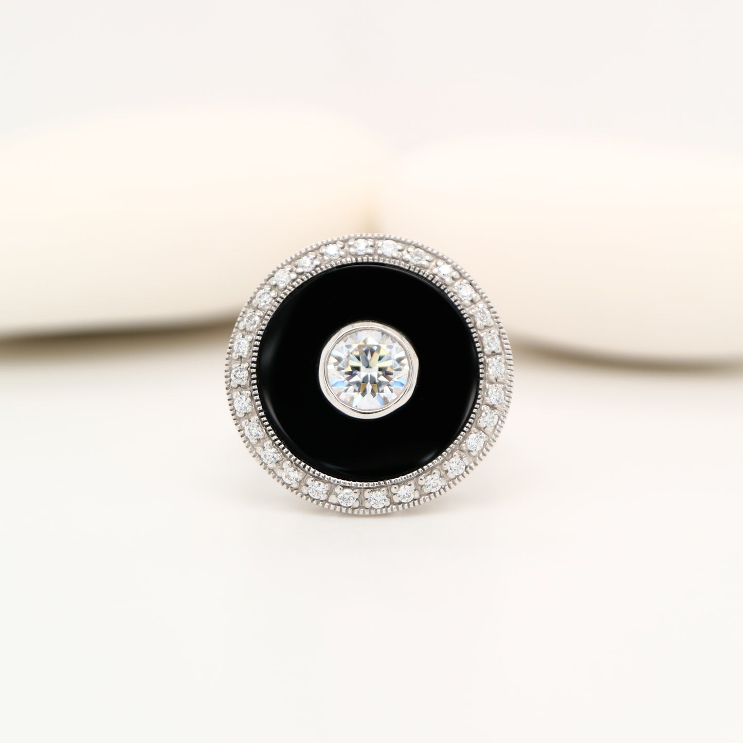 Art deco ring in cubic zirconia, black onyx and sterling silver