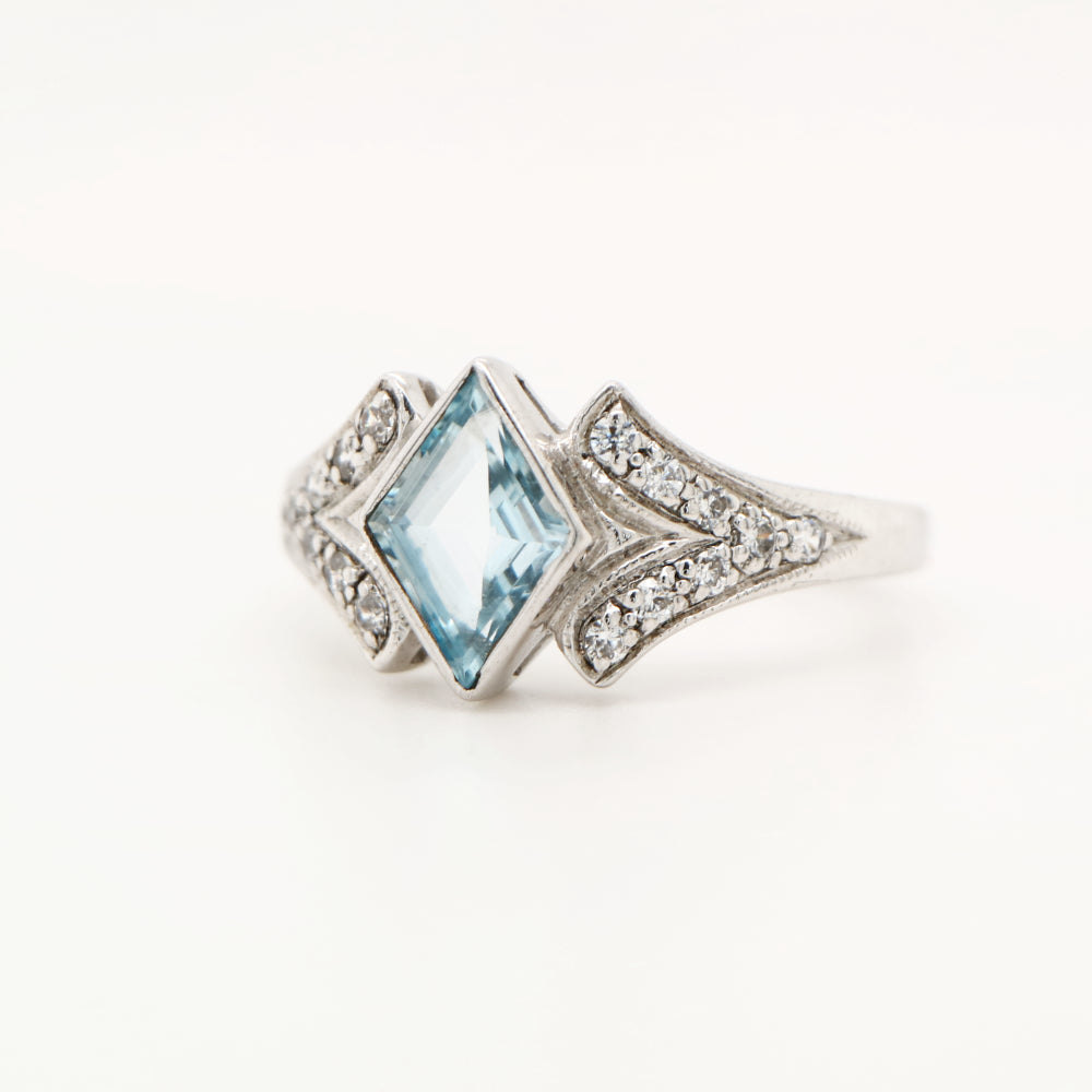 Diamond shape blue topaz with cz in sterling silver