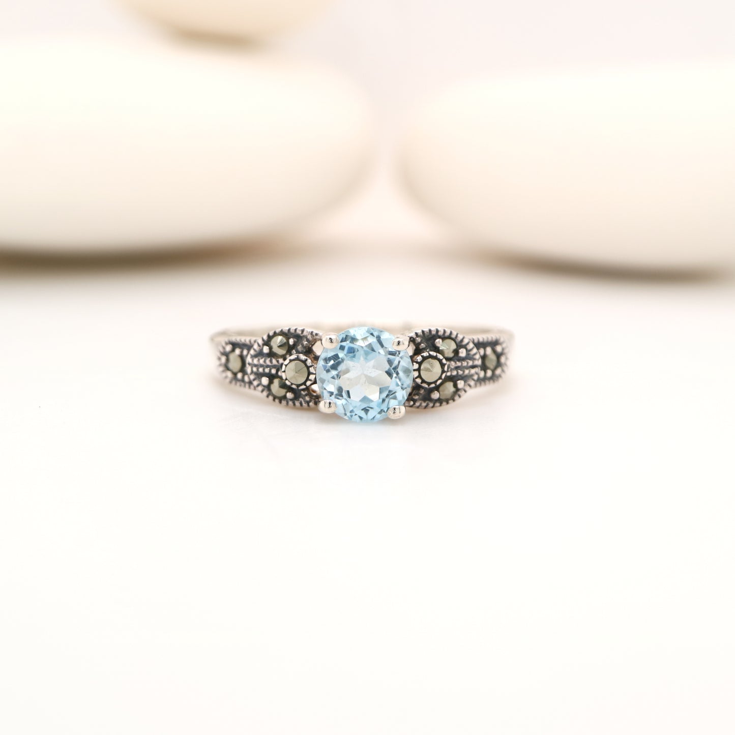 Art deco ring in blue topaz and marcasite in sterling silver