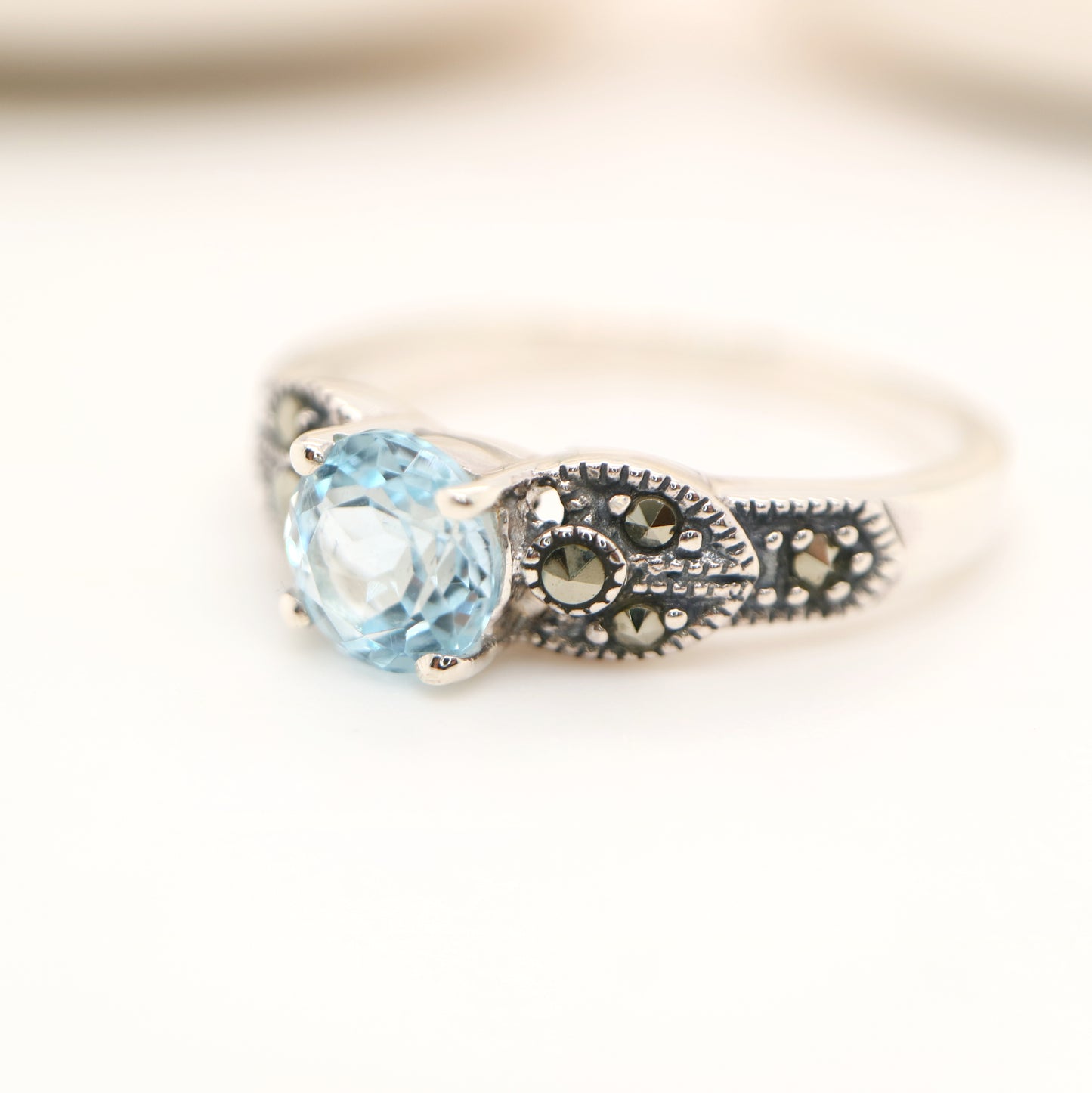 Art deco ring in blue topaz and marcasite in sterling silver