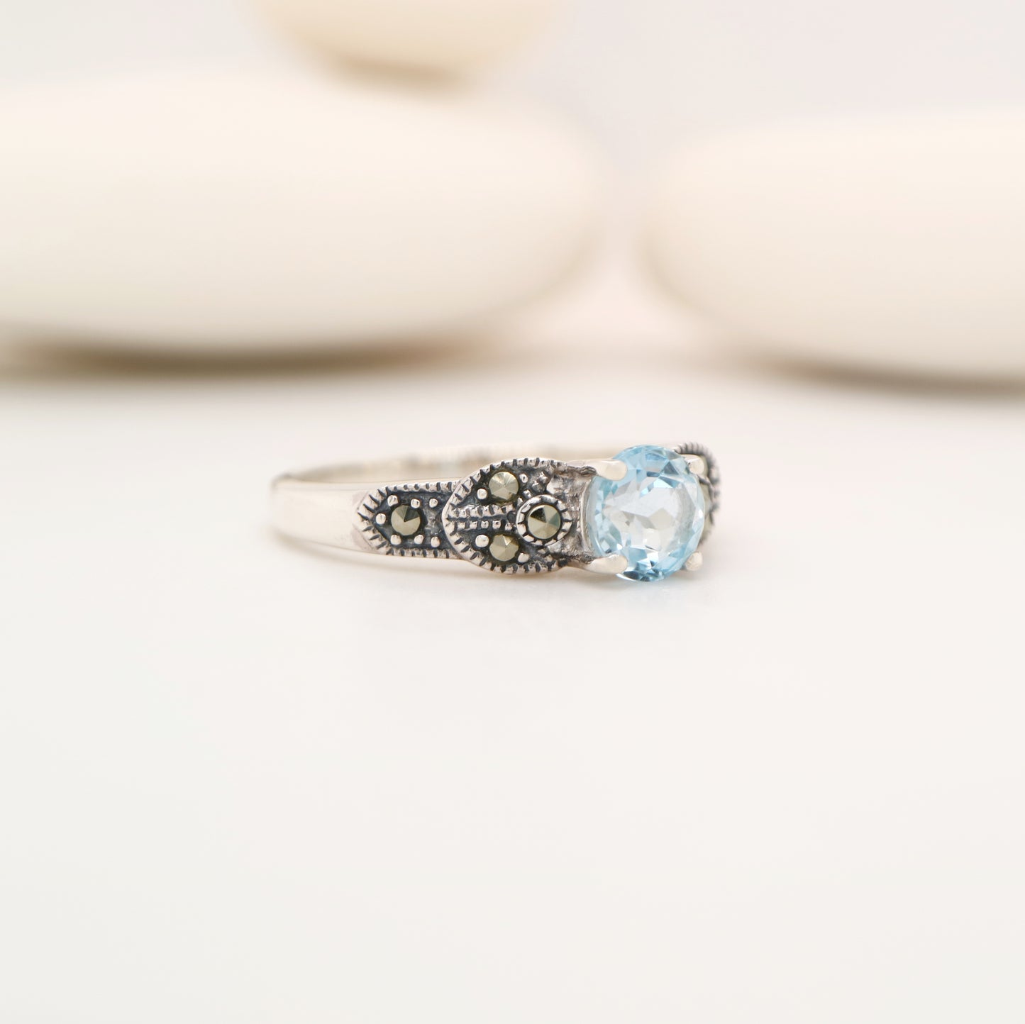 Art deco ring in blue topaz and marcasite in sterling silver