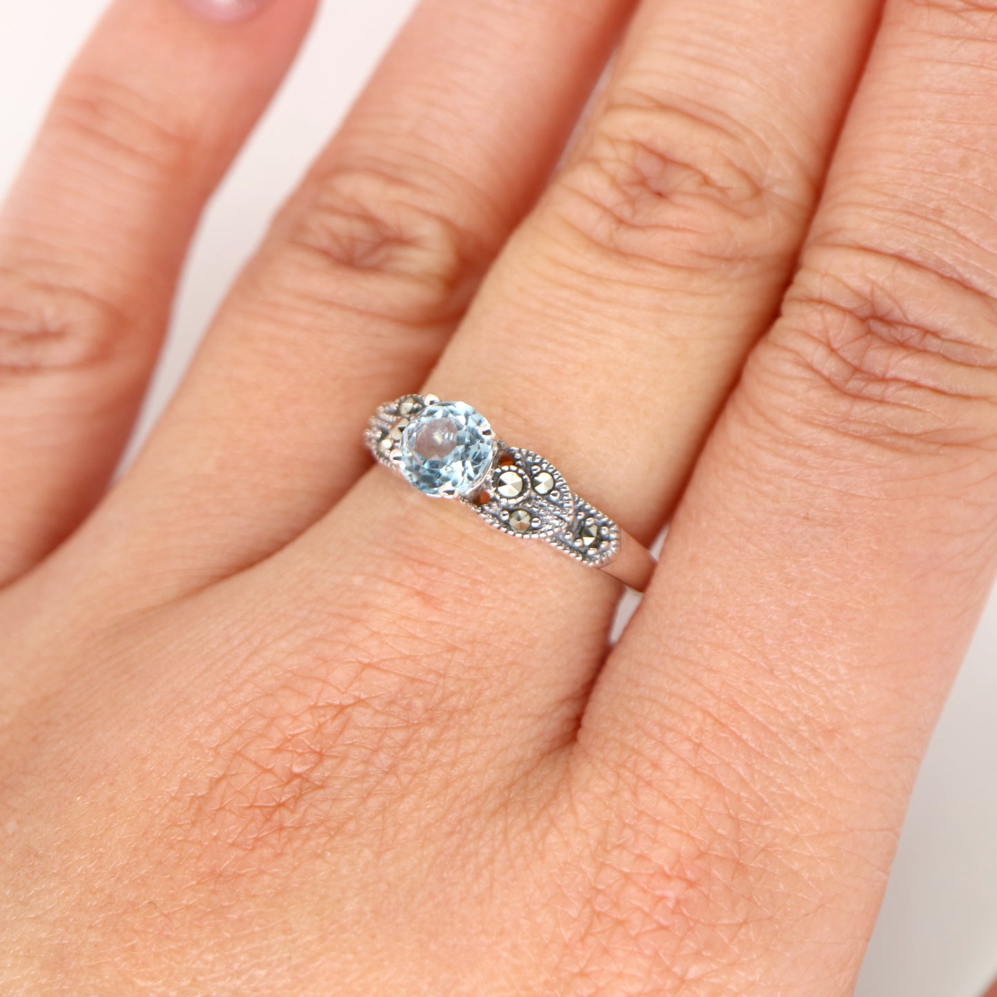 Art deco ring in blue topaz and marcasite in sterling silver