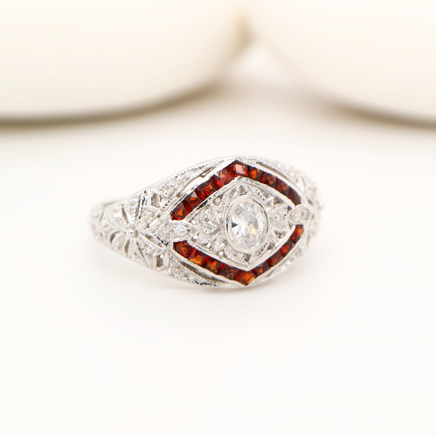 Art deco chevron set garnet ring with cz in sterling silver