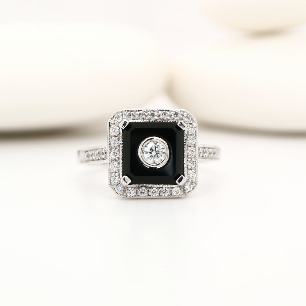 Square art deco black onyx ring with cz in sterling silver