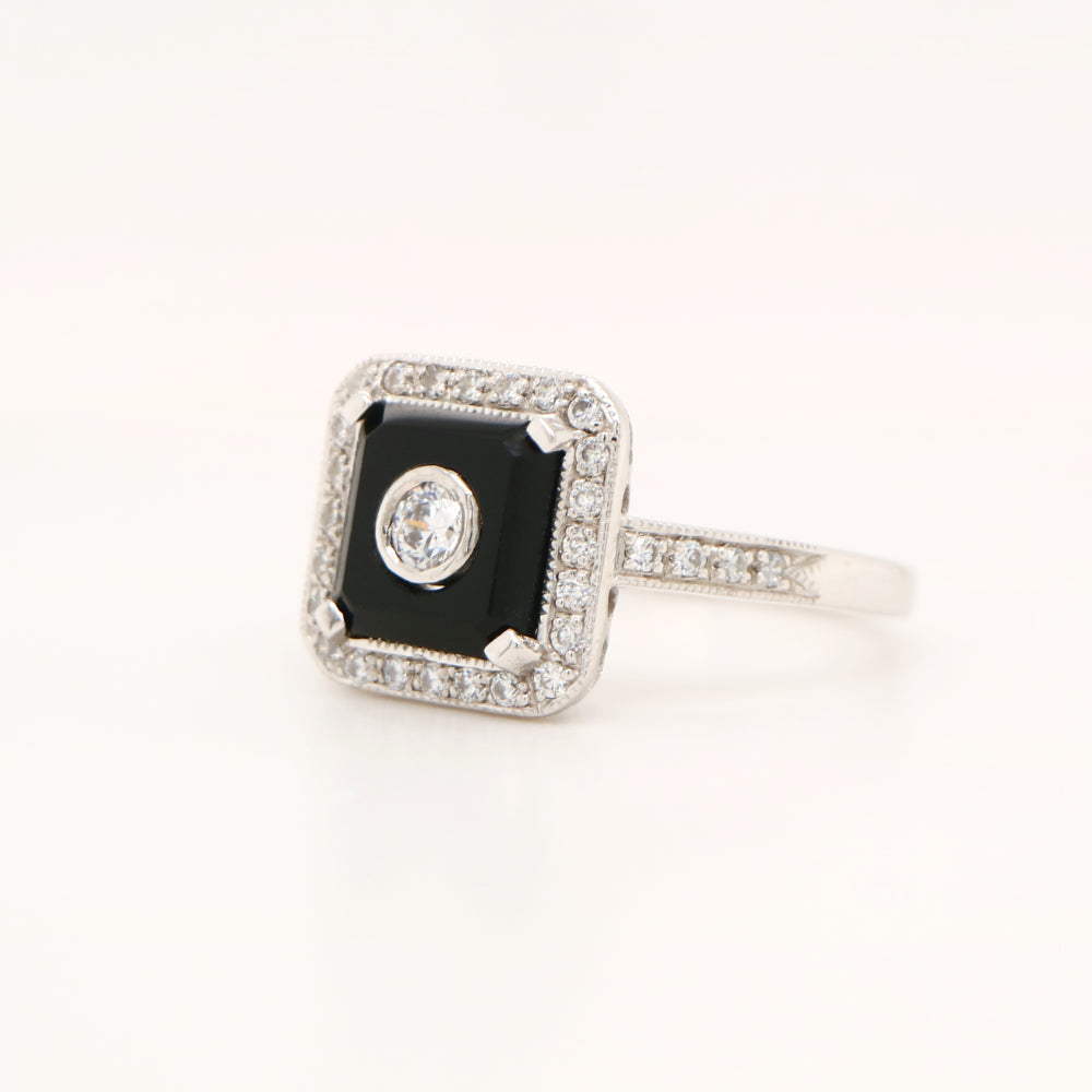 Square art deco black onyx ring with cz in sterling silver