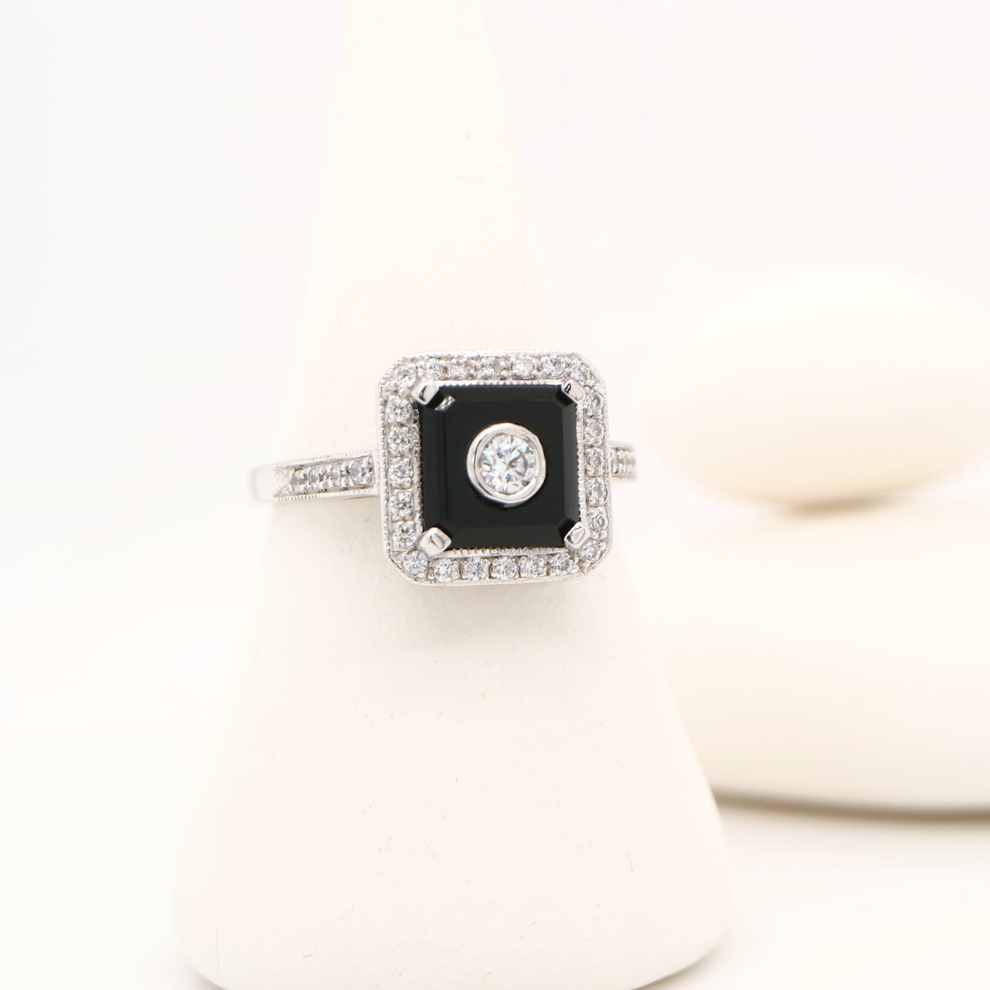 Square art deco black onyx ring with cz in sterling silver