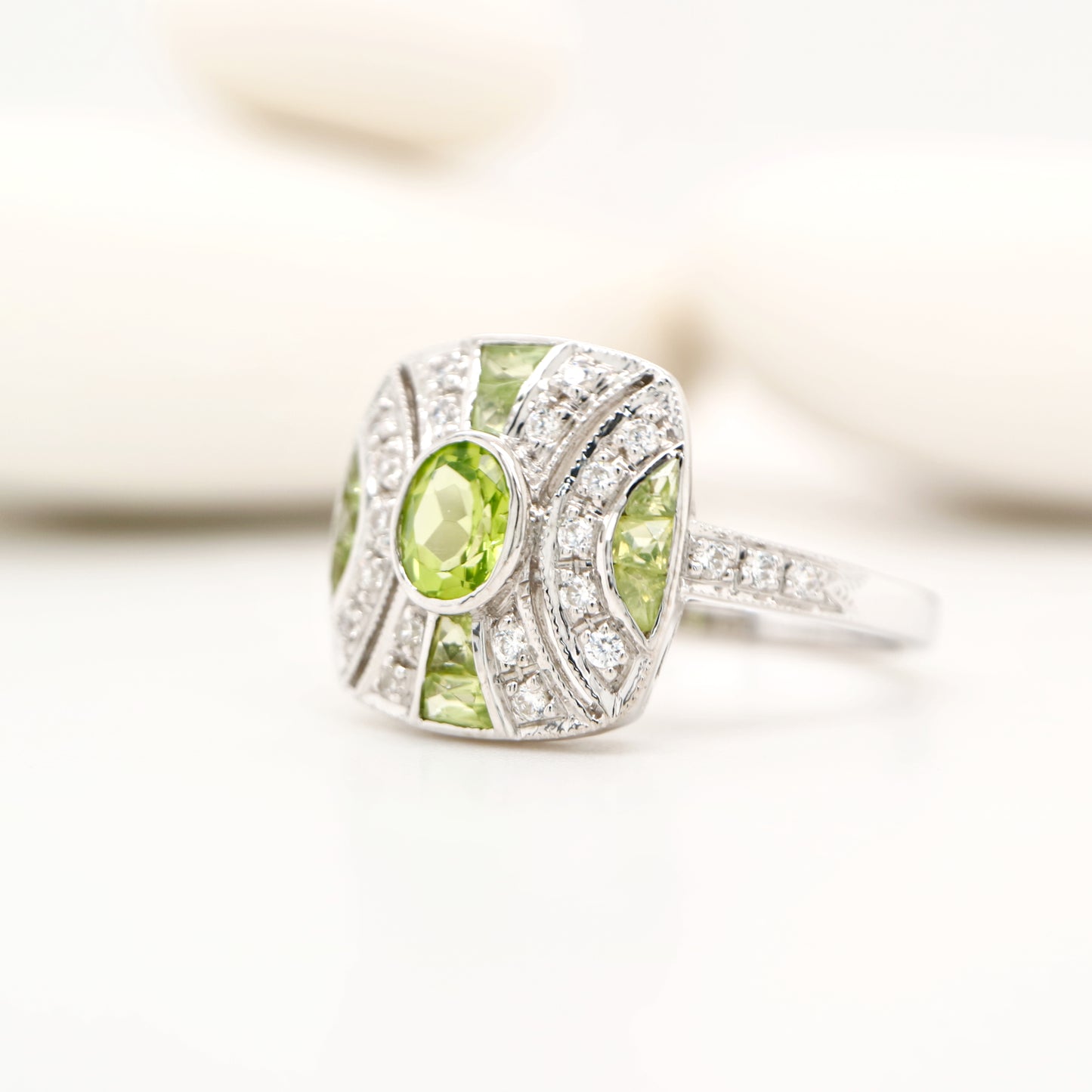 Art Deco style Peridot and CZ gem cluster in sterling silver