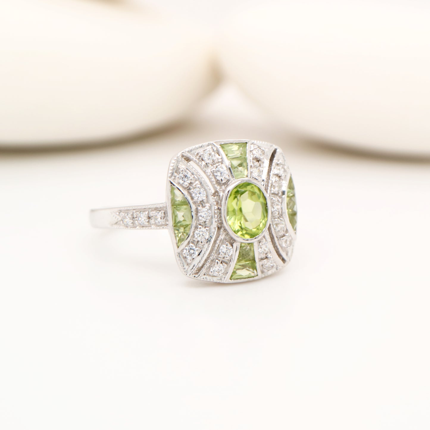 Art Deco style Peridot and CZ gem cluster in sterling silver