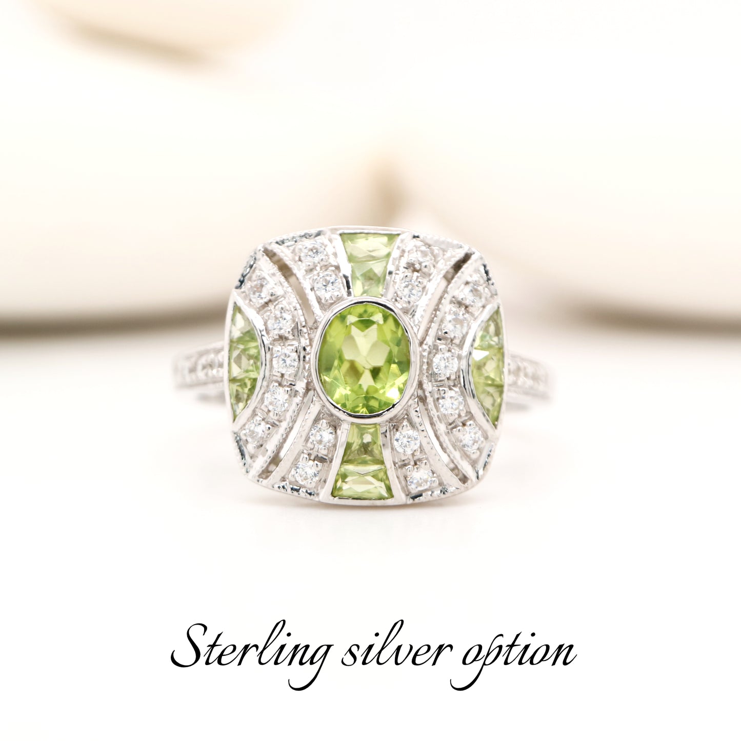 Art Deco style Peridot and CZ gem cluster in sterling silver