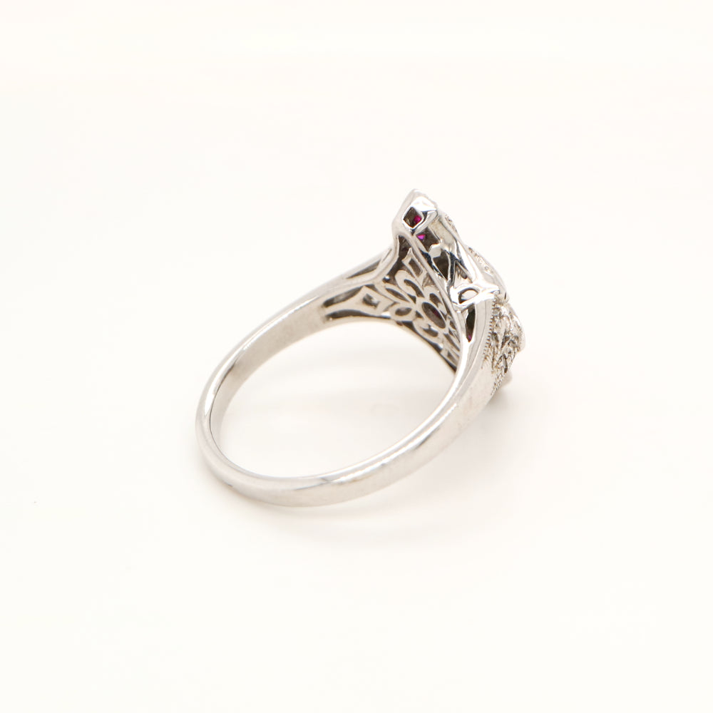 Sterling silver cocktail ring with laboratory grown ruby, cz and black enamel